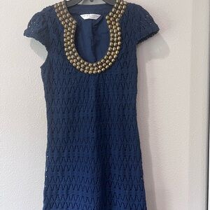 Trina Turk Navy Blue Beaded Neckline Dress